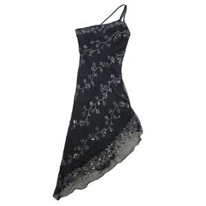 Vintage 90s Scala Sz L Black Silk OneShoulder Asymmetrical Beaded Y2K Midi Dress